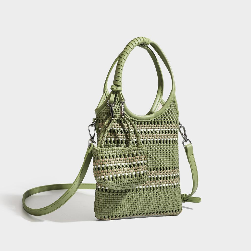 New color blocking woven handbag with female niche design, fashionable mobile phone bag, versatile hollow shoulder bag