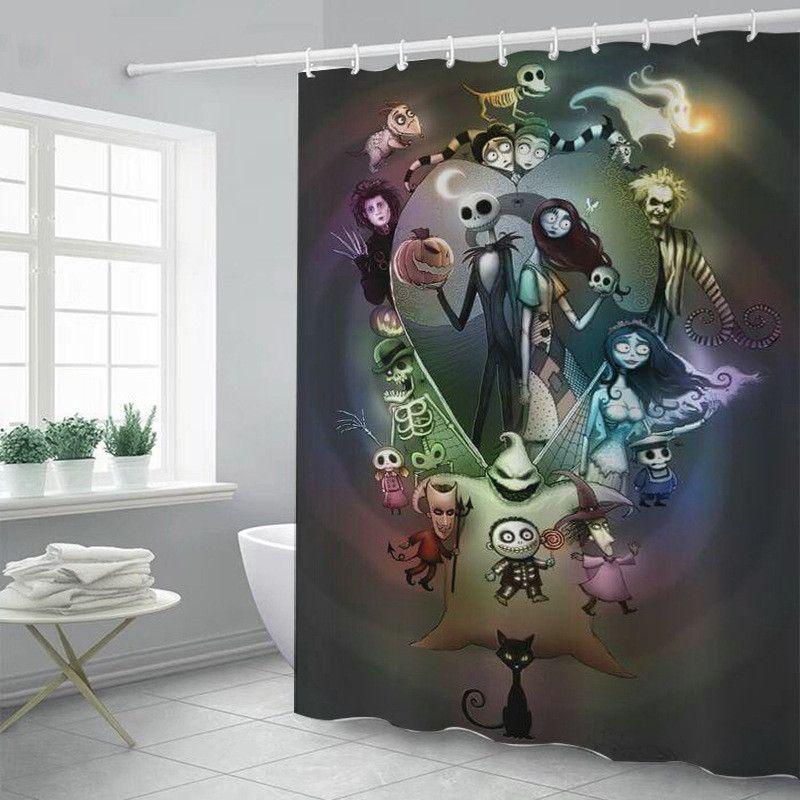 Żywa i kolorowa zasłona prysznicowa Miasteczko Halloween z haczykami do łazienek