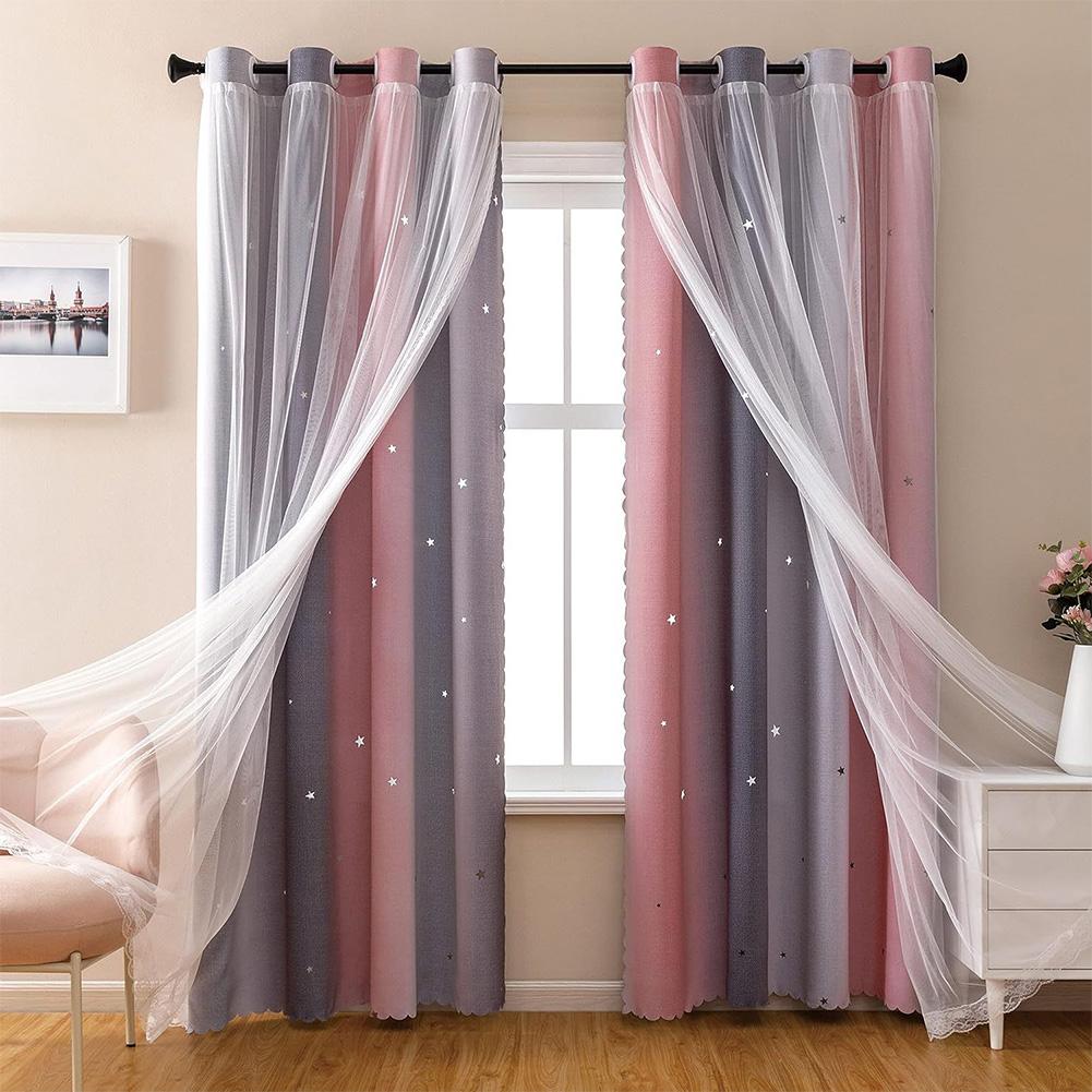 Starry Night Princess Curtains Blackout Sheer Rainbow Gradient Curtain For Girl Bedroom Double Layer Lace Trim 132X160cm W52 L63