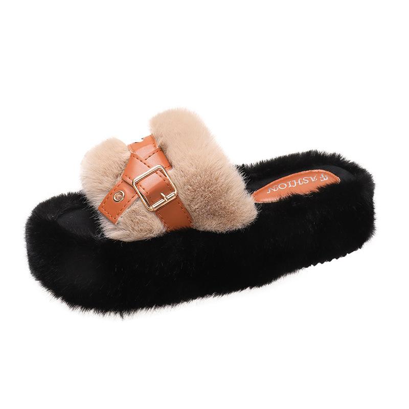 

Internet celebrity casual thick-soled fluffy slippers women wear 2025 autumn and winter new warm indoor flat one-word cotton slippers 40