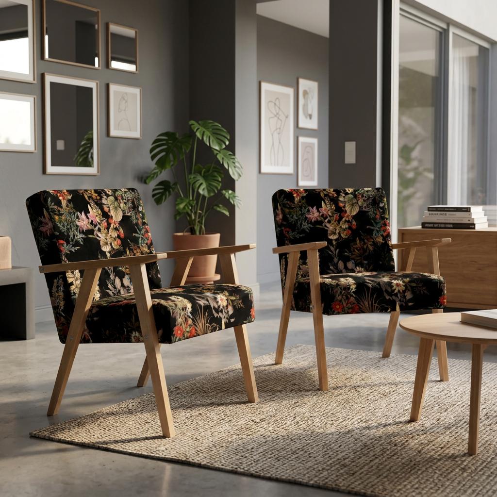 2er-Set Retro-Sessel Soler mit Veloursprints und Holzarmlehnen – Family Meble