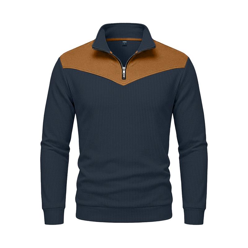 Herbst Winter Herren Color Block Sweatshirt Vertikal Rippstrick Halber Reißverschluss Stehkragen Pullover Wildlederflicken Schulter Ellbogen Vintage Lässig Langarm Oberteile