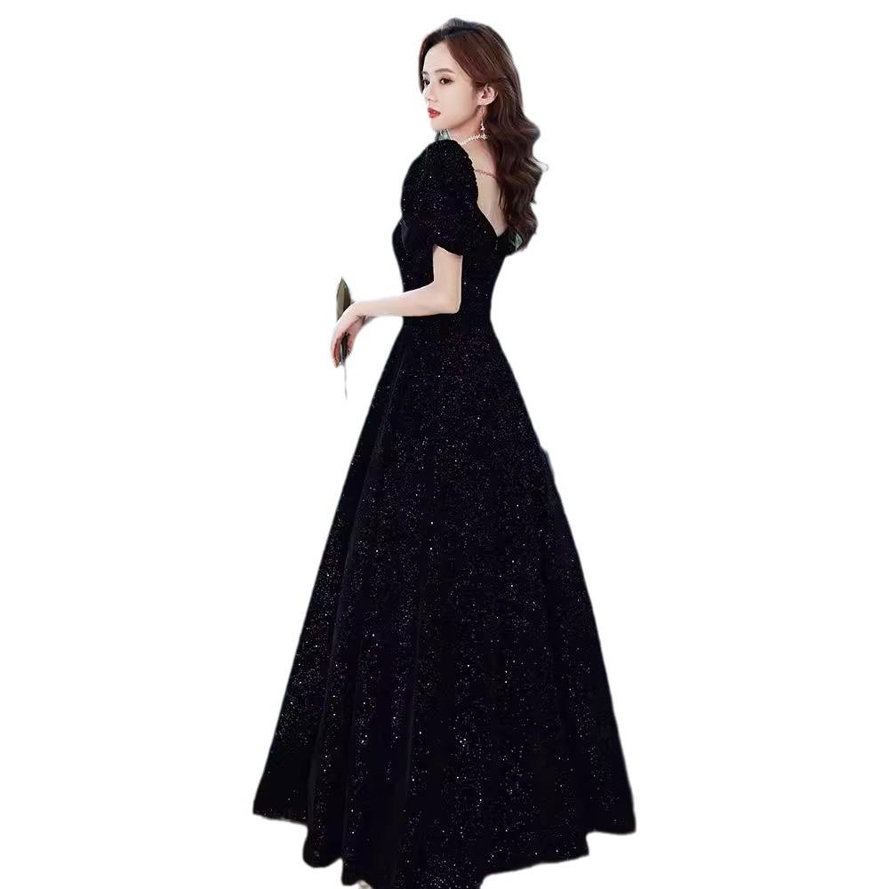 Schwarzes Abendkleid 1011 neue französische Eleganz Temperament lang Sternenhimmel Bankett Jahrestreffen Gastgeberkleid Kleid Frau