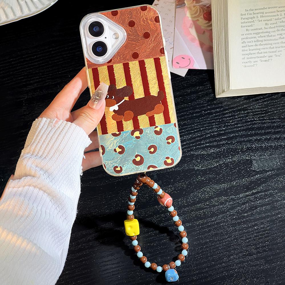 Bracelet Chain Painted Phone Case For iPhone 16 11 12 13 14 for 12 14 16 Pro 14 16 Pro Max Cute Pattern Hard Cover With Lanyard