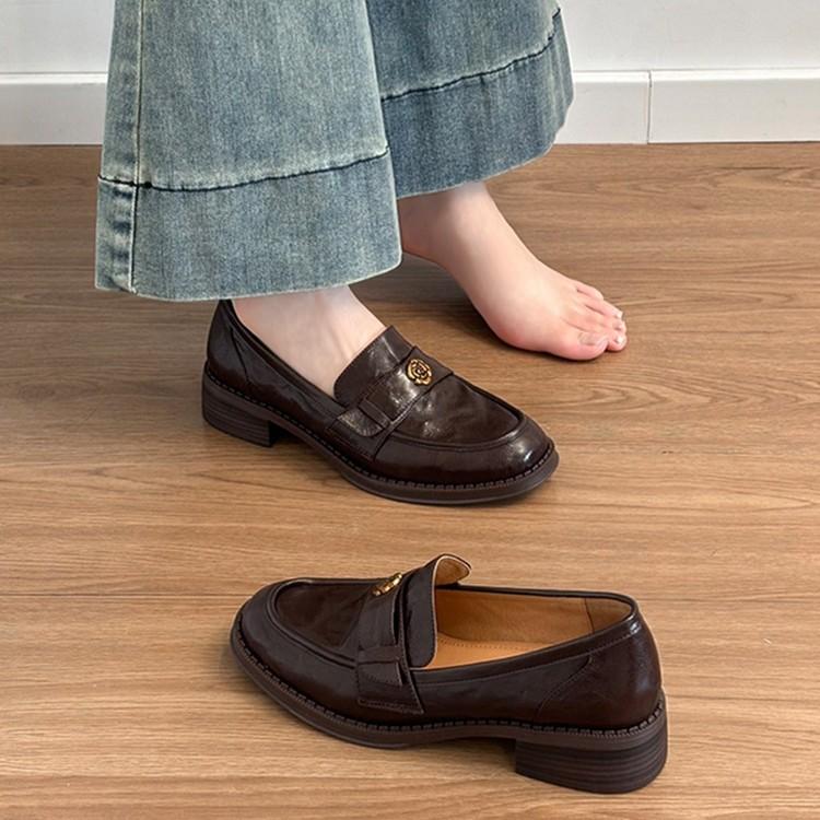 Cowhide Version~ Genuine Leather New Platform Camellia One-pedal Loafers Women's British Style Retro Small Leather Shoes Single Shoes