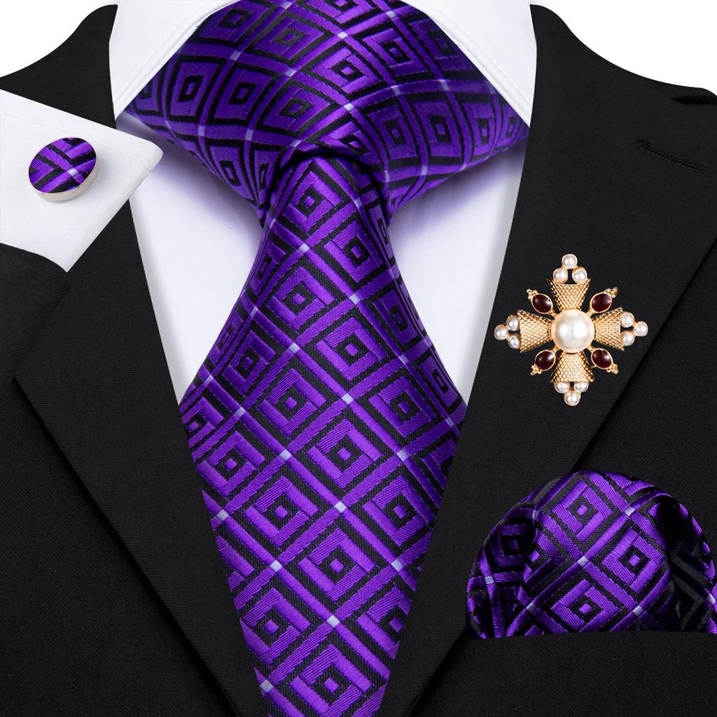 Pearl Brooch with Silk Tie for Men Vintage Floral Teal Necktie Hanky Cufflinks Gift Formal Set