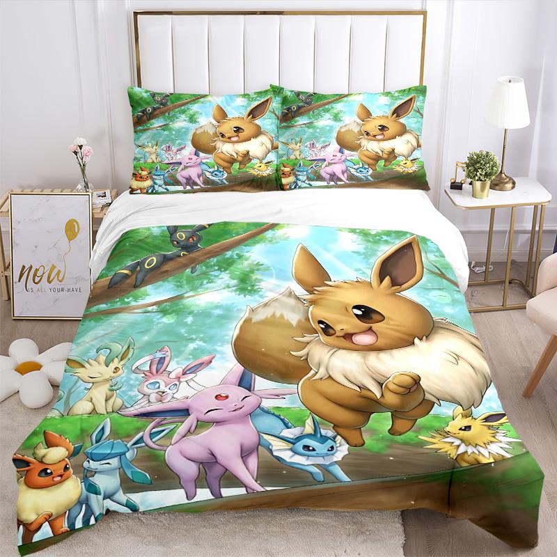 Eevee Family Adventure Print 3Pcs Bedding Setduvet Cover With 2 Bedropillowcase Home Birthday Gift