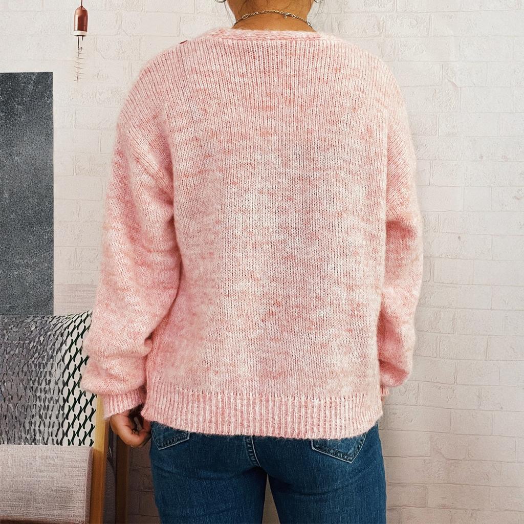 Women's Fashionable Casual Cute Wave V-neck Decoration Flower Button Knit Cardigan Sweater Jacket