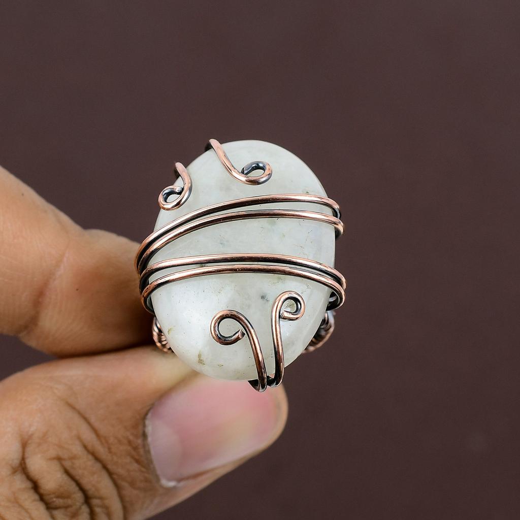 Natural Rainbow Moonstone Gemstone Copper Wire Wrap Gift Ring Size 5.5 J0J11