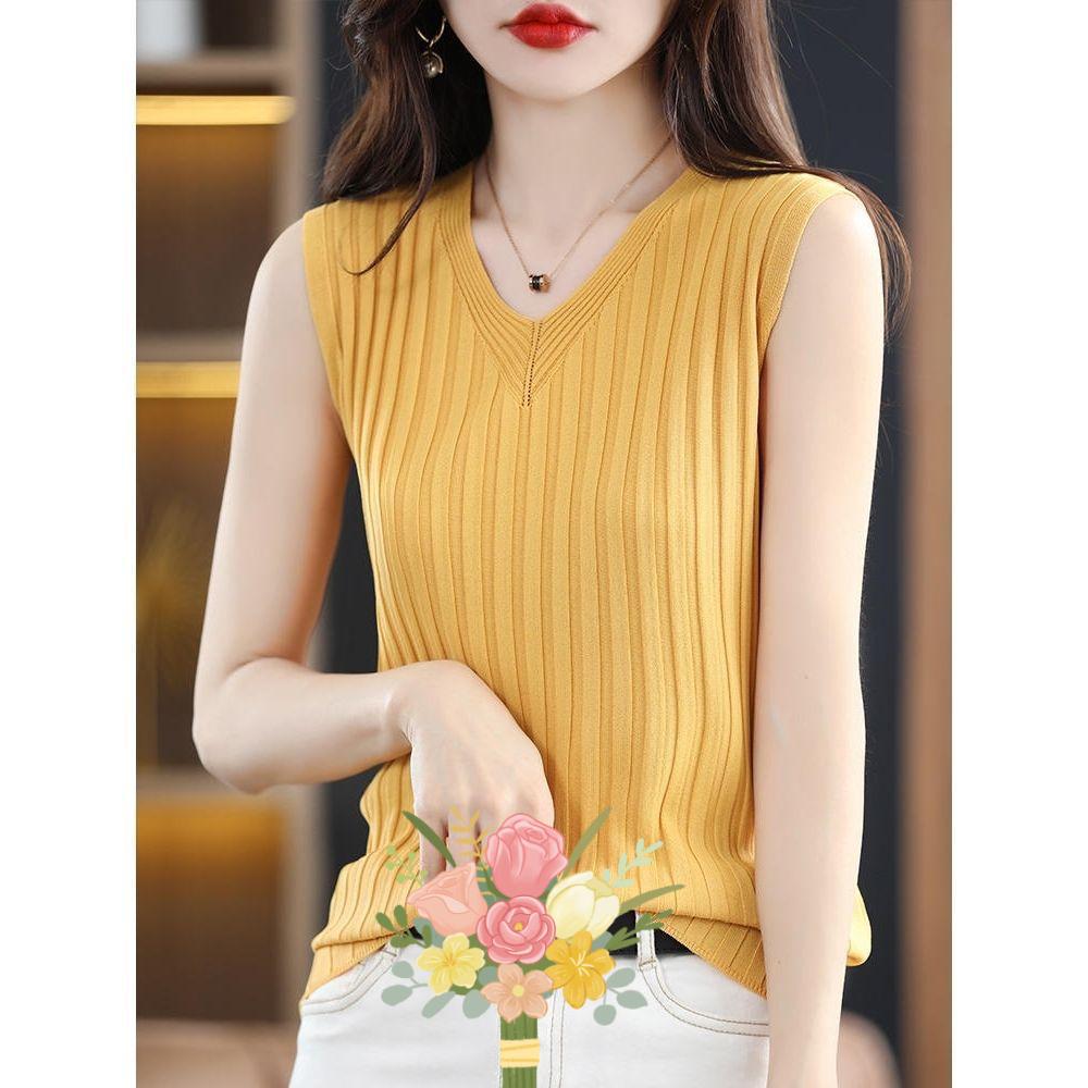 

Вязаная майка из ледяного шелка с воротником, женская новая летняя одежда с костюмом и базовым топом, тонкая футболка без рукавов L жёлтый