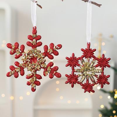 Glitter Sequined Christmas Ornament Red Snowflake/Butterfly/Star/Reindeer/Ballerina Hanging Decoration for Xmas Tree Doors Windows Walls Holiday Home