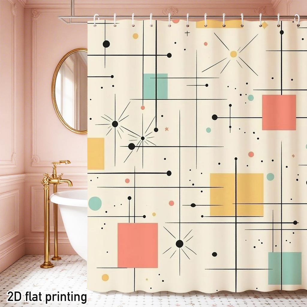 Mid-Century Modern Geometric Shower Curtain 1Pc With 12 Hooks For Bathroom Home Decor Polyester 2D Flat Print 70.8X70.8 Inch