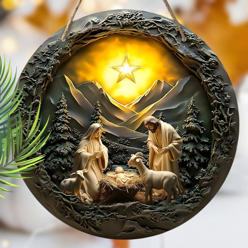 5pcs Wooden Christmas Nativity Scene Hanging Decor - 2D Birth of The Savior with Golden Star, Mountain, and Lamb Design - Festive Holiday Wall Art for