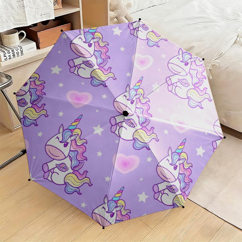1pc Purple Unicorn Umbrella Portable Folding Umbrella Iron Frame Hole Bone Structure Outdoor Home Umbrella
