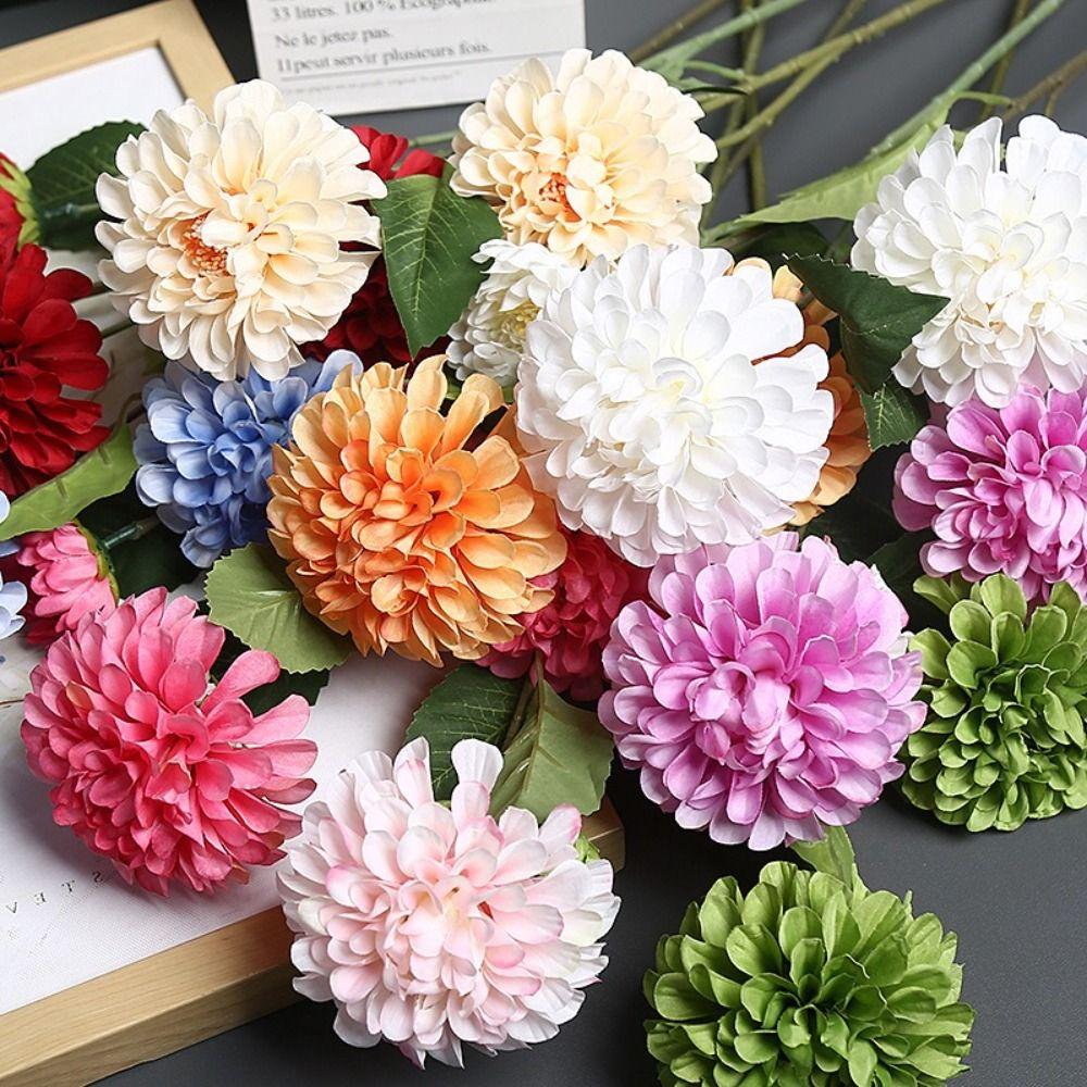 3 Heads Simulation Hydrangea Oil Painting Texture Autumn Daisy Style Artificial Flower Branch Studio Shooting Prop Long Branch