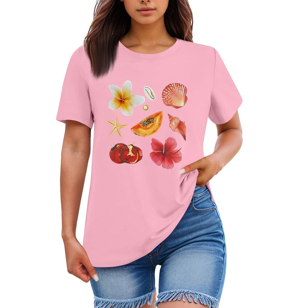 Ladies' Loose Comfortable Casual Fashionable  Fruit And Flower Pattern Printed Round Neck Short Sleeved Shirt