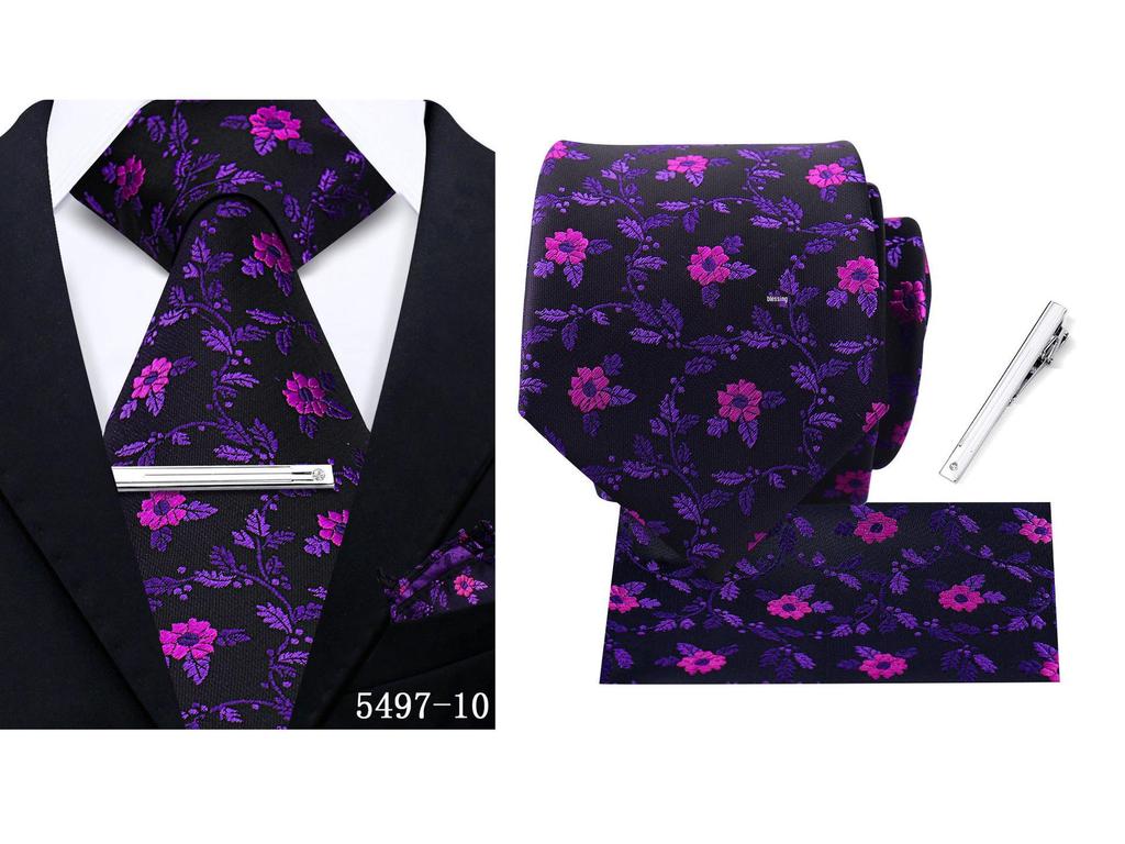 Men's Retro Floral Tie, Pocket Square & Tie Clip Set for Weddings