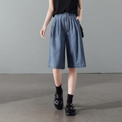Jeans Capri Larghi a Gamba Larga in Cotone e Lino da Donna