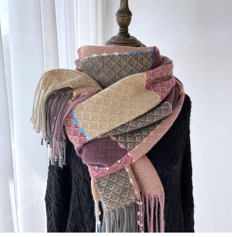 Schicker karierter Quastenschal für Damen - Dicke, warme Imitat-Kaschmir-Stola mit Jacquard-Design, perfekt für Herbst- und Winterausflüge