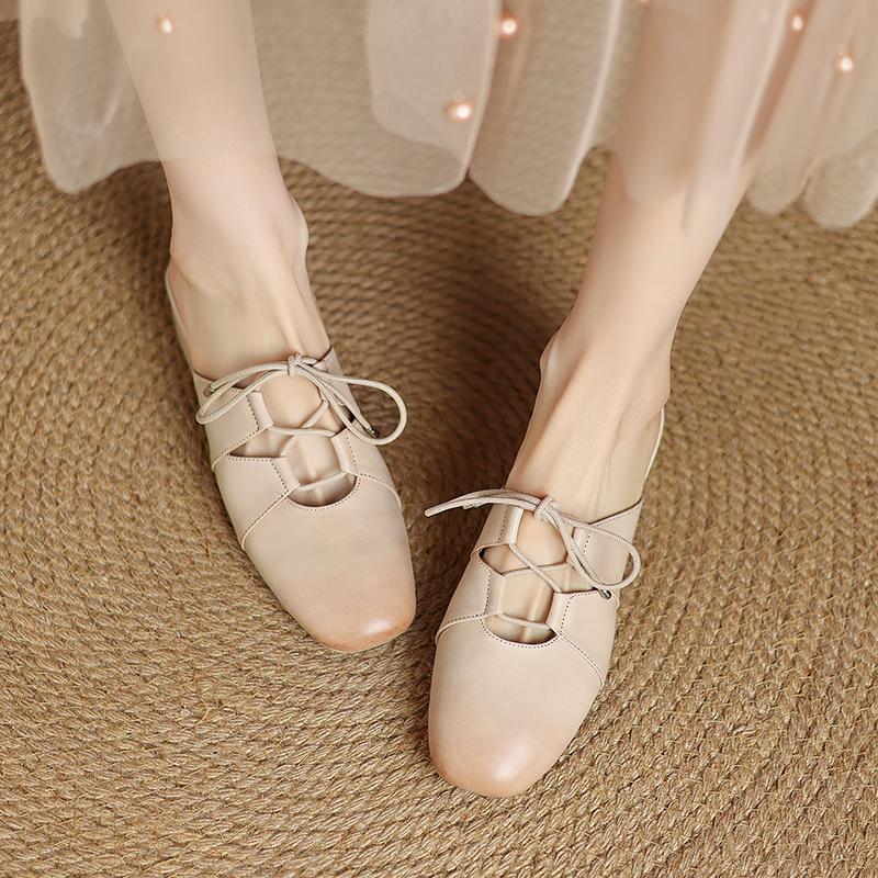 Fashion New Summer Women Mules Genuine Leather Shoes for Women Round Toe Low Heel Shoes Cover Toe Slip-on Women Sandals Retro Slippers