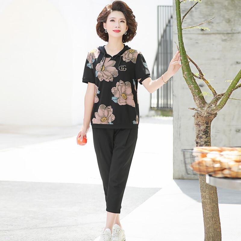 Women s Plus Size Summer Casual Hooded Short-Sleeve & Pants Set XL