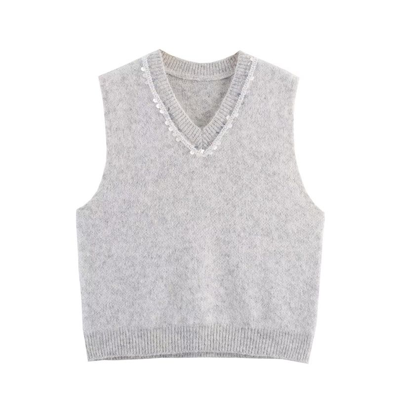 Kaslead New Women Clothes Western Style Simple and Versatile Sequined Neckline Decoration Knit Vest