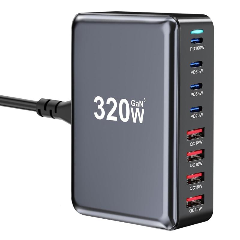 320W GaN USB Type C Charger 8-in-1 Ports Fast Charging OTP Protection Eco-Friendly AU EU UK US Plug Laptop Phone Watch