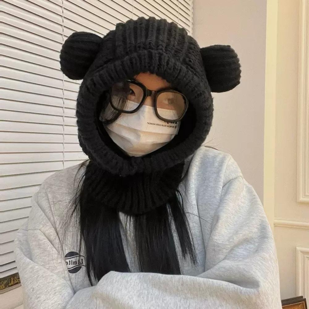 Thickened Snow Beanies Cap Bear Ear Hat Scarf Set Casual Winter Balaclava  Neck Warmer