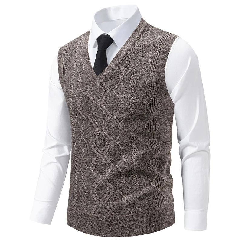 Men's Knitted Warm Sweater In Autumn and Winter V-neck Vest Diamond Grid Twisted Flower Casual Fashion Versatile Top