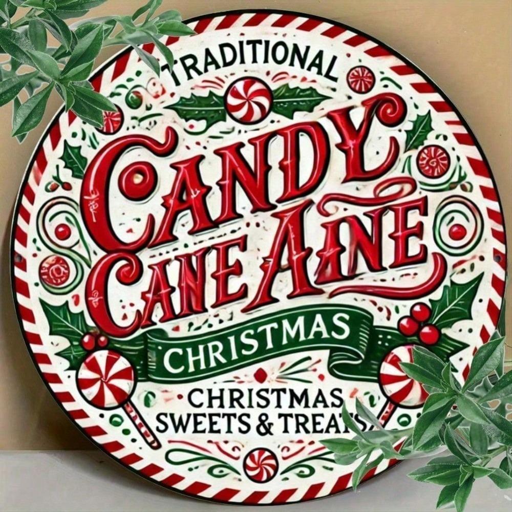 Christmas Tin Sign 8x8 Inch Round Gingerbread House Holiday Wreath Wall Art Home Bar Decoration