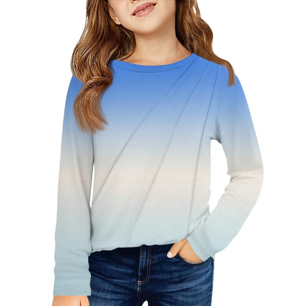 Girls' Long Sleeve Tee - Pleated Round Neck Casual Top
