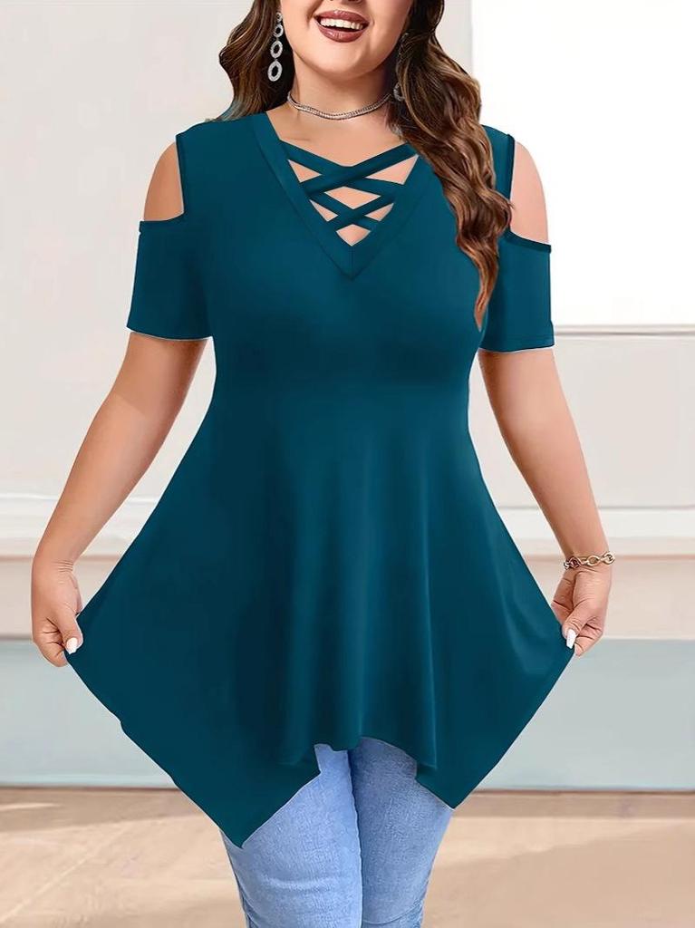 V-Neck Off-Shoulder Strap Short-Sleeve Plain Women's T-Shirt Top