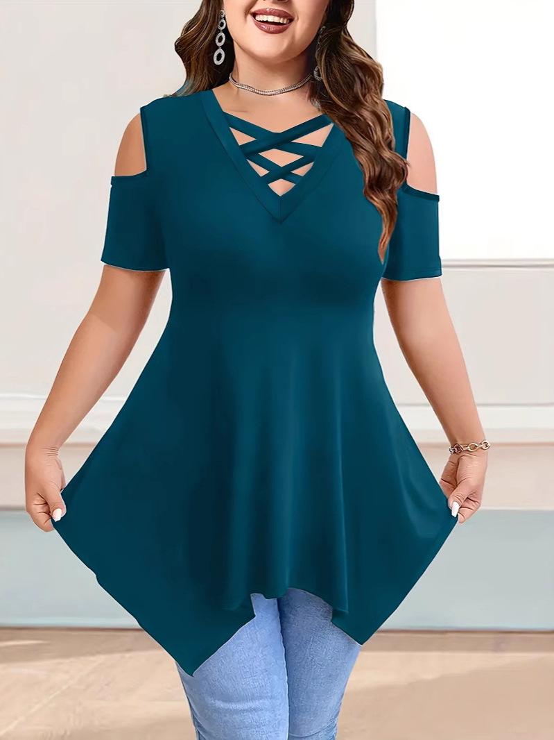 

V-Neck Off-Shoulder Strap Short-Sleeve Plain Women s T-Shirt Top 5XL peacock синього кольору