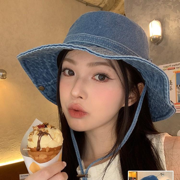 Denim Bucket Hat Women's New Retro Washed Mountaineering Hat Ins Show Face Small Sun Protection and UV Protection