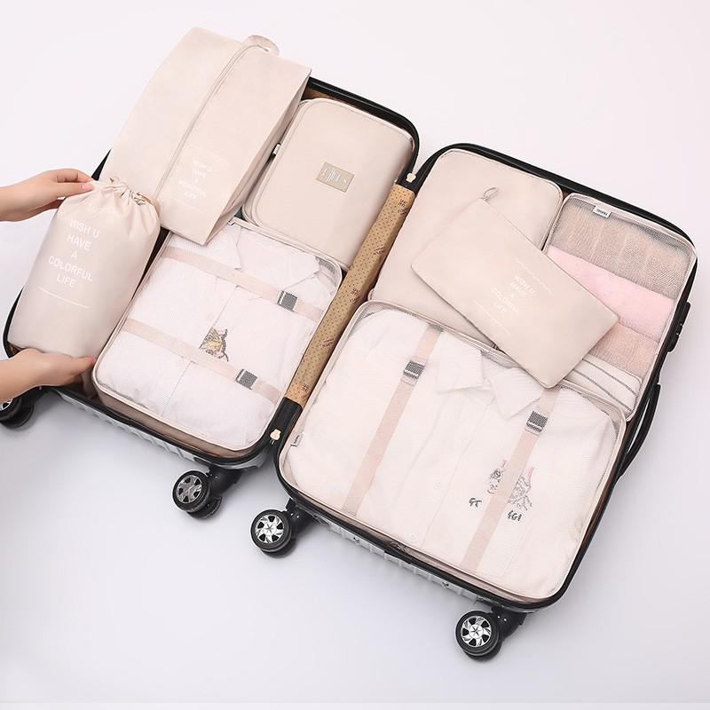 Eight-Piece Travel Organizer Set: Storage Bags & Makeup Bag for Clothes and Accessories.