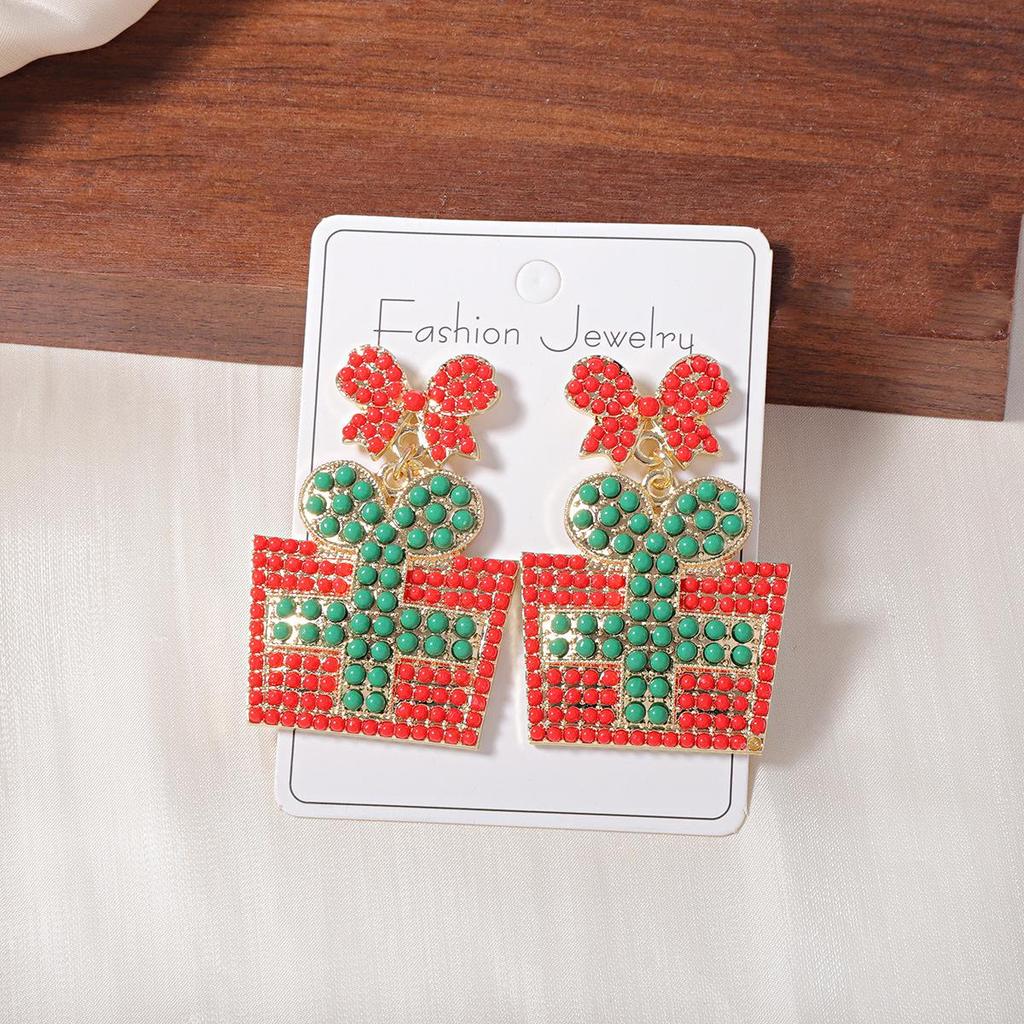 European-American Christmas Design Earrings: Diamond & Rice Bead Inlaid, Fashion Niche Style.