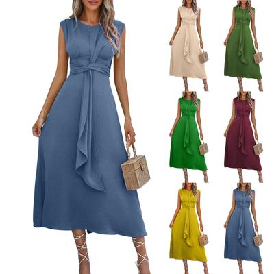 Women's Fashion Dresses Color Waist Tie Long Sleeveless Dresses