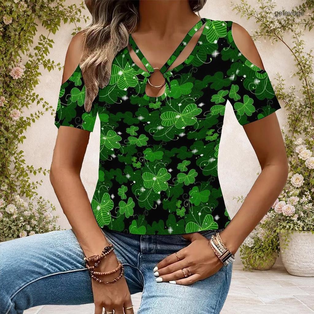 Women Plus Size Keyhole Ring Neck Cold Shoulder Geometric Printed Short Sleeve Top