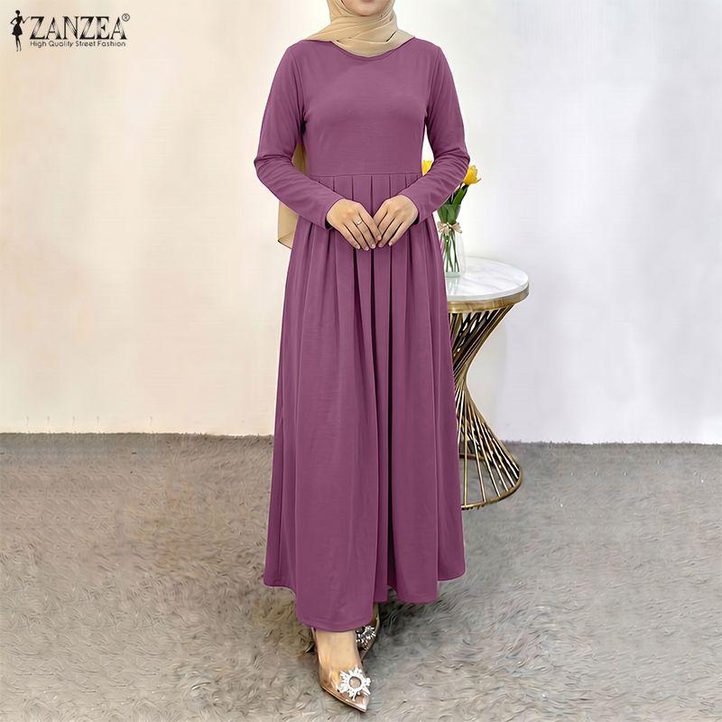 ZANZEA Damen Muslimisch Lässig Rundhals Langarm Locker Kleid