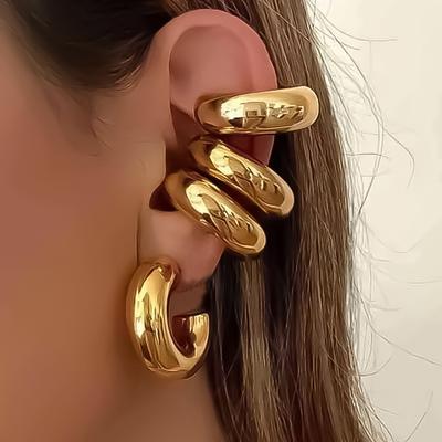Exaggerated Wide C-Shaped Ear Cuff No Puncture Clip Earrings Gold   Color Smooth Jewelry Wedding Girl Gift
