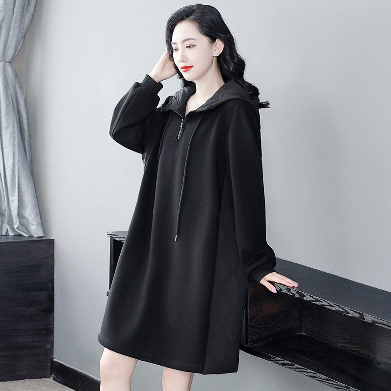 

Уютное бархатное стеганое платье-толстовка с капюшоном большого размера для осени/зимы, идеально для женщин среднего возраста 6XL (220-240 jin) чёрный