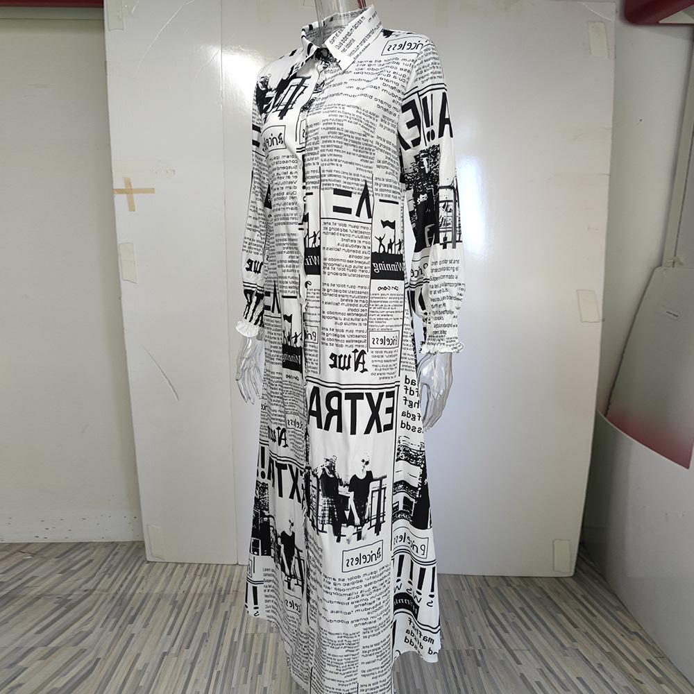 IHUASU Damen Temperament Bedrucktes Einreihiges Split-Hemdkleid Langes Kleid