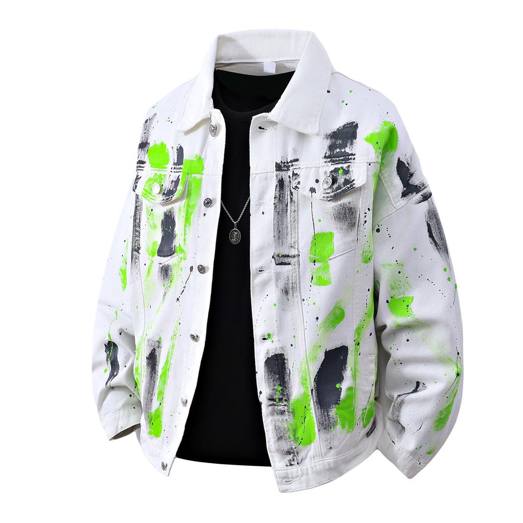 Vestes en Jean pour Homme Manteau en Jean Peint pour Homme Vestes Tendance Hip Hop Blanc pour Homme Veste Hip Hop Noire pour Homme Vêtements d'Extérieur Oversize