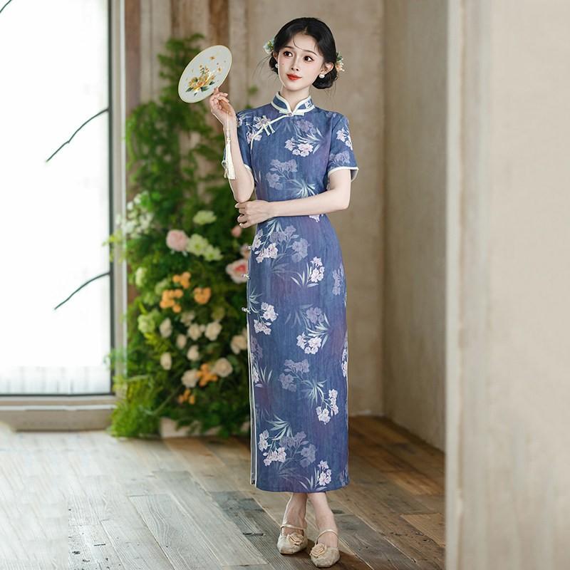 Elegant Blue Modern Chinese-Inspired Long Cheongsam Dress Women 2026 Stylish Daily Wear Small