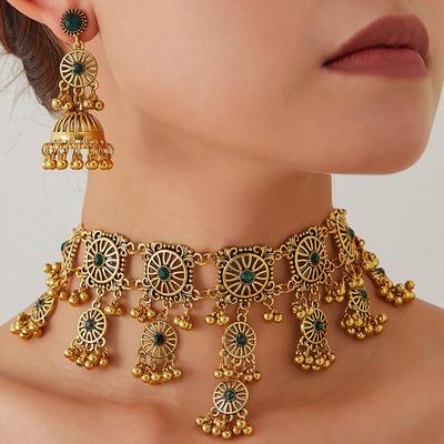 Exquisites Bronze Florales Strass-Quasten Halsketten- & Ohrring-Schmuckset für Damen