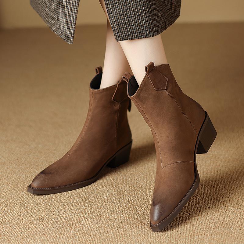 Fashion NEW Autumn Women Boots Pointed Toe Chunky Heel Shoes Genuine Leather Shoes for Women Concise Zipper Ankle Boots Western Boots