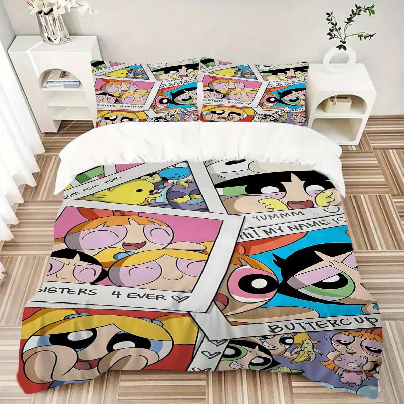 3-delat sängkläder Powerpuffpinglorna Inkluderar 1 täcke + 2 örngott, Utan innerkuddar, Mjukt bekvämt, Lätt andningsbart, Pri