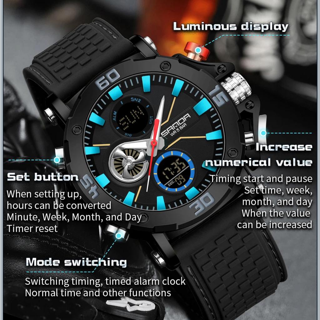 SANDA Luxury Men's  Watch Military Sports Waterproof Night Light Stopwatch LED Electronic Digital Men's Watch