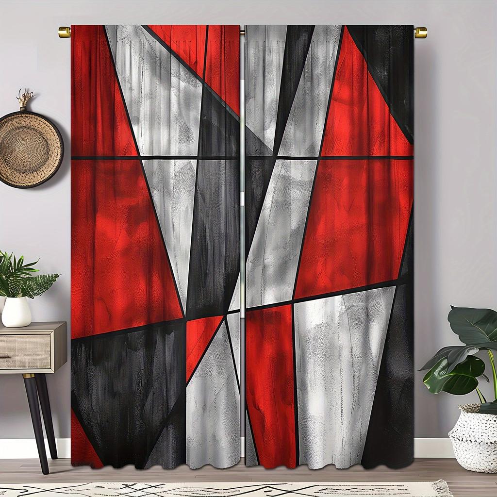 2pcs Set Modern Geometric Curtains Black & White Rod Pocket Design for Easy Hanging for Living Room Bedroom Kitchen Window Drape