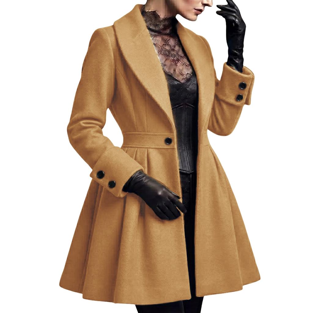 Women's Fall Winter Long Wool Pleated Coat with One Button Closure Outerwear